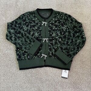 Anewsta Cardigan Sweater Womens Large Green Leopard Crew Neck Rhinestone Bow